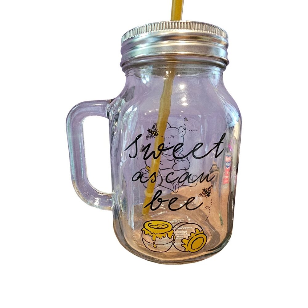 Disney Winnie the Pooh Sweet as Can Bee 21 Ounce Glass Mason Jar Lid Straw